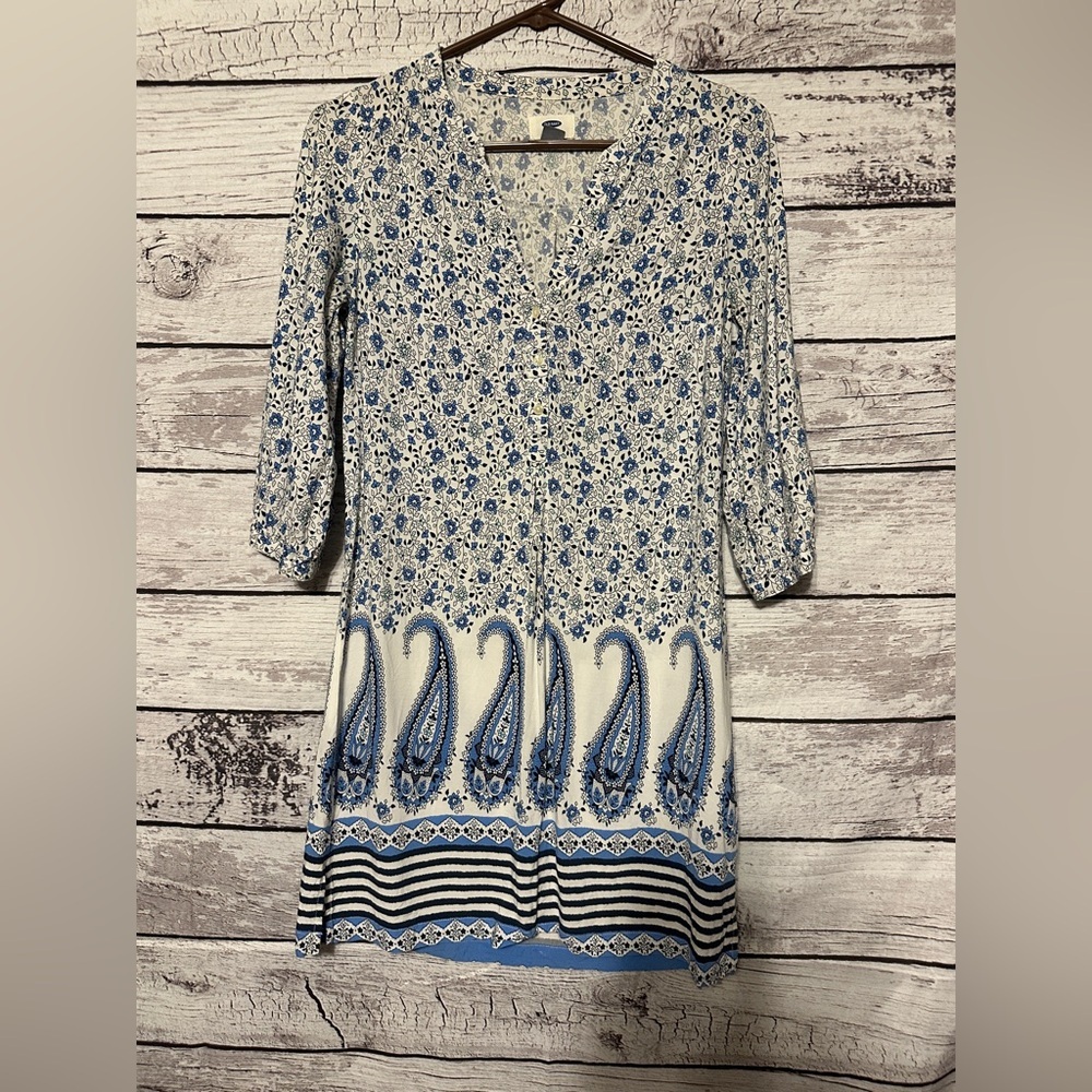 Old Navy Blue Paisley Floral Boho Dress XS 3/4 Sleeve